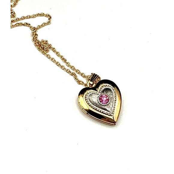 Gold Tone Heart Locket Necklace With Pink Gemstone Accent & Chain by AVON - Picture 1 of 6